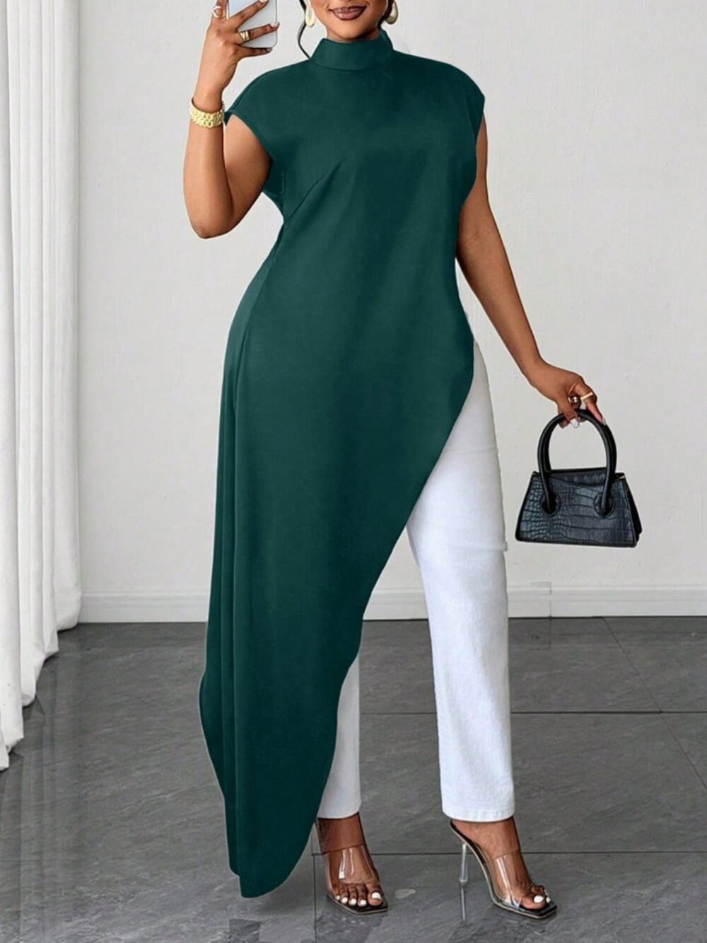 Dark Green Casual Women's Regular Fit Stand Collar Batwing Long Shirt